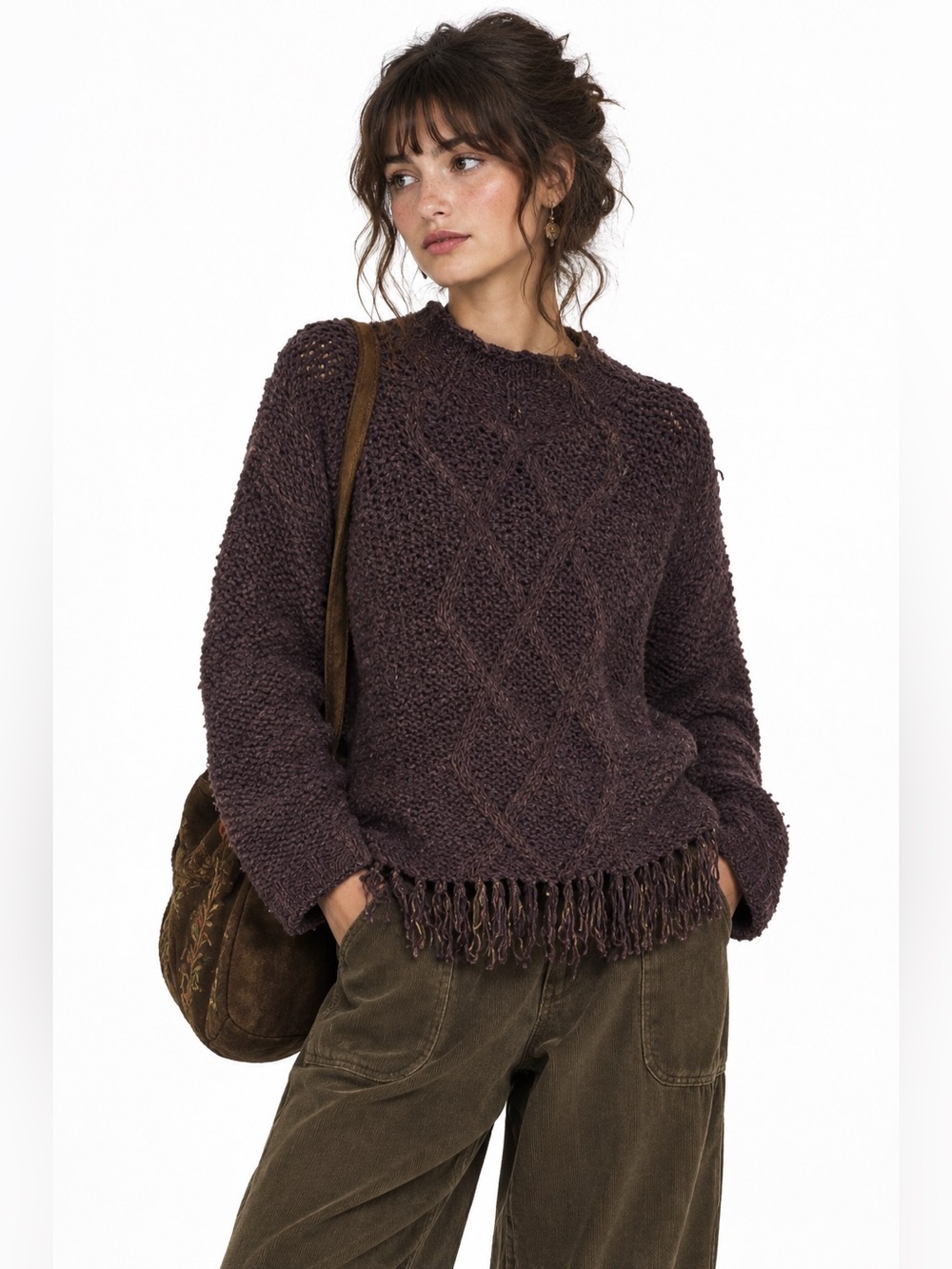 Boho Goblincore Chocolate Brown Sweater Cable Knit Funnel Neck Fringe Earthy